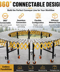 Adjustable Roller Stand For Conveyor With Locking Wheels Supports Up To 980 Lbs Expandable Infeed Outfeed Support System in a curved configuration.