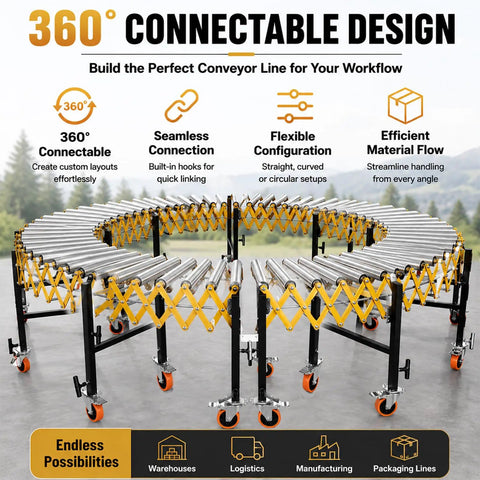 Adjustable Roller Stand For Conveyor With Locking Wheels Supports Up To 980 Lbs Expandable Infeed Outfeed Support System in a curved configuration.