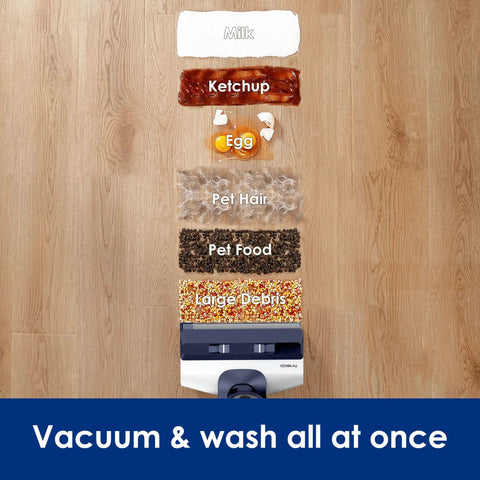 Smart Cordless Wet And Dry Vacuum Mop Combo Cleans Hard Floors Without Breaking A Sweat And Sweeps Up Stubborn Pet Hair Like A Boss With Auto Sensor Tech And Crisp Digital Screen showing diverse messes like pet hair and spills.