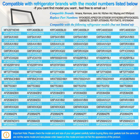 Chart for Upgraded 34.2 By 20.8 Inches Freezer Door Gasket Replacement For Refrigerator Seal EPDM Rubber with model compatibility.