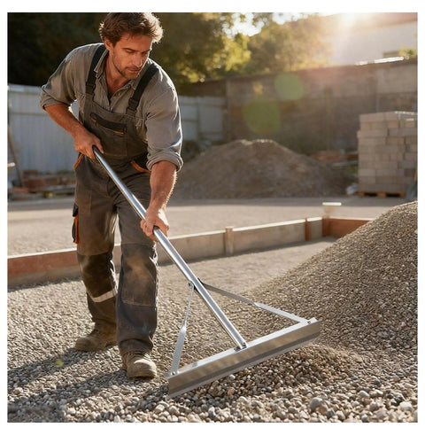 Worker using Heavy Duty Aluminum Landscape Rake With 60 Inch Handle And 20 Inch Wide Head For Asphalt Edges, Concrete Paving, Sand Leveling