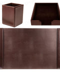 Brown Bonded Leather Desk Set With Blotter Pad And Desk Organizer For Premium Office Vibe, Boss Level Organization, Surface Protection, And Executive Decor; featuring dark brown desk pad, tray, and cup holder.