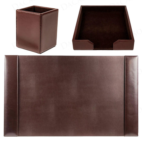 Brown Bonded Leather Desk Set With Blotter Pad And Desk Organizer For Premium Office Vibe, Boss Level Organization, Surface Protection, And Executive Decor; featuring dark brown desk pad, tray, and cup holder.