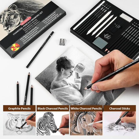 24 Piece Pro Sketching Pencil Kit For Drawing With Graphite Pencils 12B To 4H, Charcoal Pencils For Art, and accessories shown.