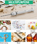 57 Piece Micro Drill Bits And Pin Vise Set with images of DIY craft, jewelry, bracelet, model making, wood, amber on display.