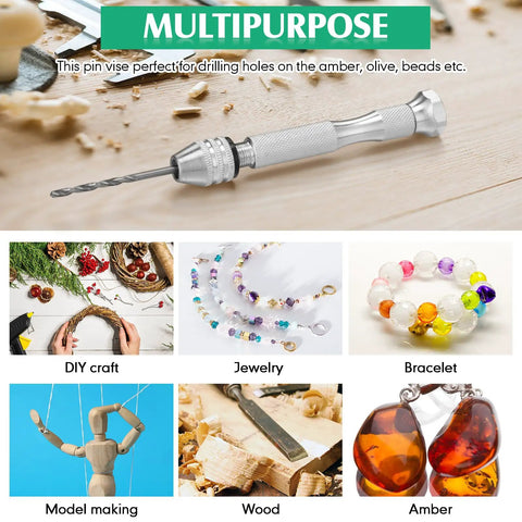 57 Piece Micro Drill Bits And Pin Vise Set with images of DIY craft, jewelry, bracelet, model making, wood, amber on display.