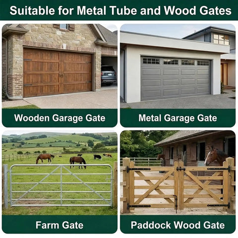 Image of various gate types including wooden garage gate, metal garage gate, farm gate, and paddock wood gate for versatile use