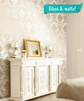 Baroque Damask Wall Stencil Kit For Painting 2-Pack Large 16.5 By 21.5 Inch Stencils Victorian Style Wall Decor on beige wall.