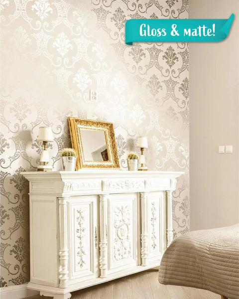 Baroque Damask Wall Stencil Kit For Painting 2-Pack Large 16.5 By 21.5 Inch Stencils Victorian Style Wall Decor on beige wall.