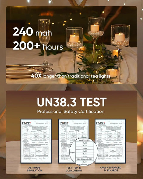 72 Pack Flickering Flameless Tea Lights LED Candles Battery Operated with Over 200 Hours Run Time on tables with certification details.