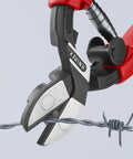 Comfort Grip Angled High-Leverage Cobalt Cut Diagonal Cut Pliers With 20-Degree Head, cutting barbed wire, spring-loaded handles visible