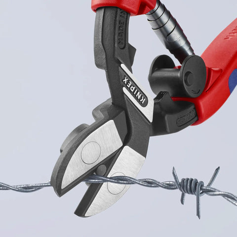 Comfort Grip Angled High-Leverage Cobalt Cut Diagonal Cut Pliers With 20-Degree Head, cutting barbed wire, spring-loaded handles visible