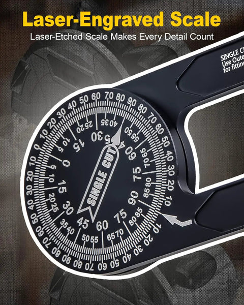 Hella Tough CNC Machined Aluminum Miter Saw Protractor angle finder with laser engraved scale for precise measurements.