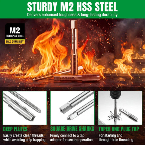 Top Notch 75 Piece Ratcheting Tap And Die Set Featuring SAE Metric Threads With Heavy Duty HSS Bits And Smooth 72 Tooth T Handle For Tight Quarters Rethreading Jobs That Rock. M2 HSS tap and die set with deep flutes, square shanks, and taper taps