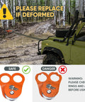 Comparison of safe and deformed 10 Ton Winch Snatch Block Towing Pulley during offroad recovery with truck in muddy terrain.
