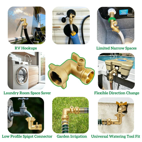 90 Degree Water Hose Elbow For RV And Garden: Brass Three Quarter Inch GHT Connector With Shut Off Valve, Lead-Free Inline Fitting For Tight Spaces, Prevents Kinks And Strain In City Water Hookups. Brass 90-degree RV hookup elbow on hose