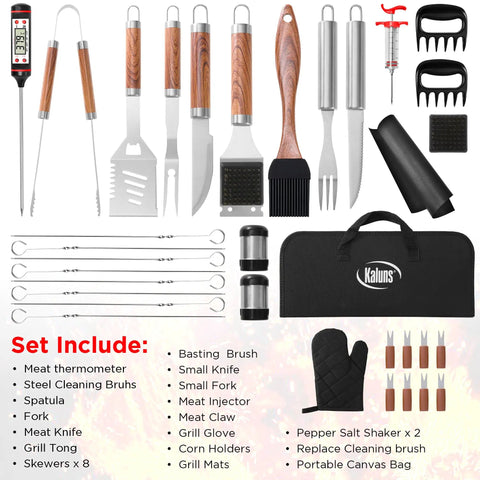 Heavy Duty 35 Piece BBQ Grill Tools Set In Stainless Steel With Case Includes Meat Thermometer Injector Claws Mats Spatula Tongs Forks