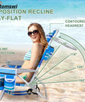 Extra Wide 2 Pack Lay Flat Folding Beach Chairs With 5 Positions Aluminum Frame Includes Cooler Bag Cup And Phone Holder Towel Bar For Outdoor Lawn Picnics Camping And Sports In Blue Stripes being used at the beach.