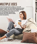 Woman sitting on sofa with a cup and book next to pillows, demonstrating XL Tan Suede Self Adhesive Upholstery Patch Instant Fix For Couches Car Seats Bags And More Great For Leather Velvet And Fabric Scrapes Easy DIY Patch Repair For Home And Auto on couch.