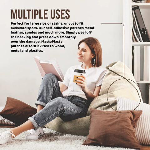 Woman sitting on sofa with a cup and book next to pillows, demonstrating XL Tan Suede Self Adhesive Upholstery Patch Instant Fix For Couches Car Seats Bags And More Great For Leather Velvet And Fabric Scrapes Easy DIY Patch Repair For Home And Auto on couch.