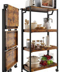 Large 4-Tier Collapsible Wooden Storage Shelf with Heavy Duty 100 Lb Capacity And Locking Wheels Space Saving Organizer next to folded version