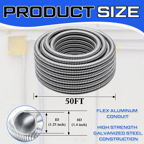 1.25 Inch By 50 Foot Galvanized Steel Flexible Conduit For Outdoor Electrical Wiring Heavy Duty Weatherproof Greenfield
