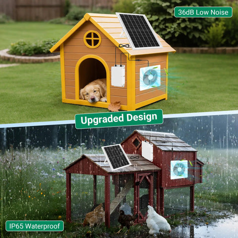 Solar Exhaust Fan With 24000mAh Battery And 25W Panel For Day And Night Use, installed in a dog house and chicken coop