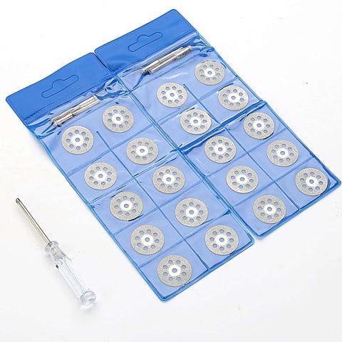 20-piece diamond cutting discs kit for Dremel rotary tools; 22mm blades with 4 mandrels and screwdriver in blue storage case