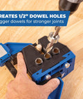 One Half Inch Dowel Jig Upgrade Kit with Hardened Steel Drill Guides in use, demonstrating precise dowel hole drilling on wood.