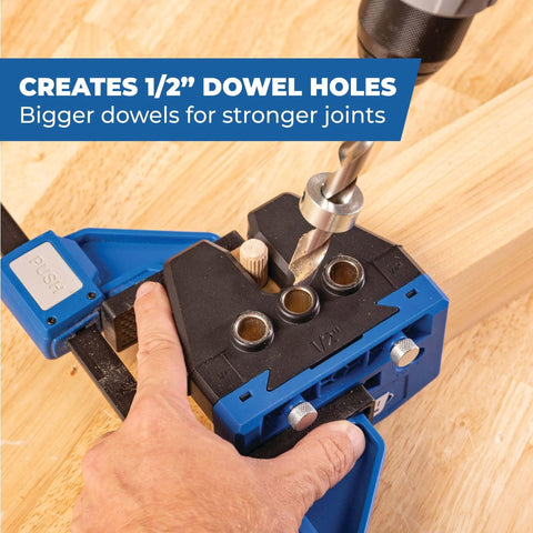 One Half Inch Dowel Jig Upgrade Kit with Hardened Steel Drill Guides in use, demonstrating precise dowel hole drilling on wood.