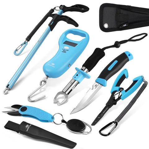 Ocean blue 6 Piece Fishing Tools Kit with pliers, fillet knife, fish lip gripper, hook remover, digital fish scale, line snips