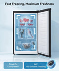 Compact 3.0 Cubic Foot Upright Mini Freezer In Black, showcasing organized meat and seafood storage with ice trays.