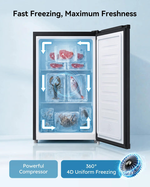 Compact 3.0 Cubic Foot Upright Mini Freezer In Black, showcasing organized meat and seafood storage with ice trays.