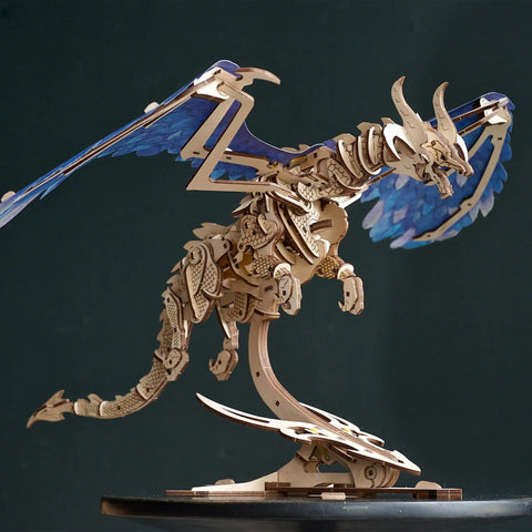 Windstorm Dragon Model Kit 3D Mechanical Puzzle With Rubber Band Motor For Adults To Build Fun Brain Teaser Hobby Kit That Lets The Wings And Body Animate In Realistic Flight Motion, blue winged dragon on stand