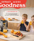 Gourmia Automatic Citrus Juicer One-Touch Operation Compact Electric Extractor extracting juice from an orange while kids enjoy juice.