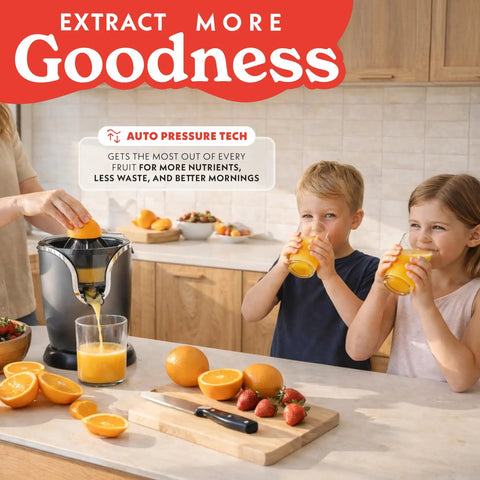 Gourmia Automatic Citrus Juicer One-Touch Operation Compact Electric Extractor extracting juice from an orange while kids enjoy juice.