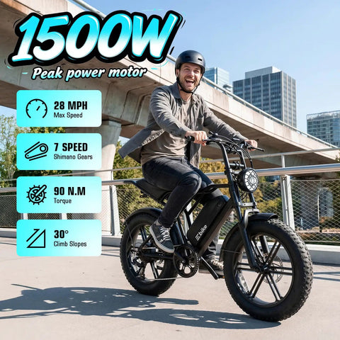 Rider on an Electric Fat Tire Bike For Adults With 1500W Peak Brushless Motor 80 Mile Range on city street