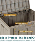 Open Lockable Outdoor Deck Box For Patio Storage, 32-Gallon, Driftwood finish showing strong hinges and resin construction.