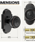 Antique Privacy Door Knob With Push Button Lock For Bedroom And Bathroom, Vintage Zinc Alloy Door Handle In Oil Rubbed Bronze, dimensions displayed