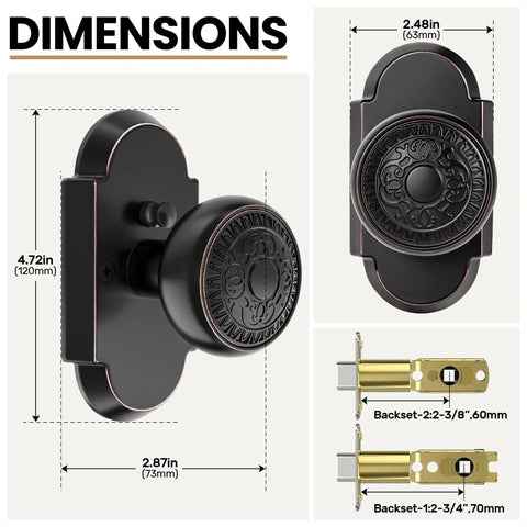 Antique Privacy Door Knob With Push Button Lock For Bedroom And Bathroom, Vintage Zinc Alloy Door Handle In Oil Rubbed Bronze, dimensions displayed