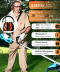 Man using a trimmer wearing Bluetooth Hearing Protection Headphones With AM FM Radio 25dB NRR Rechargeable outdoors.