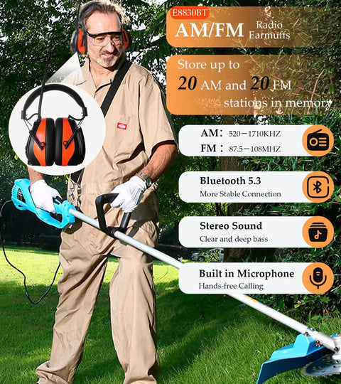 Man using a trimmer wearing Bluetooth Hearing Protection Headphones With AM FM Radio 25dB NRR Rechargeable outdoors.