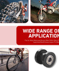 Image featuring Two Pack Chain Tensioner Guides For 0.3 And 0.4 Inch Chains With Rolling Wheel Pulley Wheel Guide For Dirt Bikes Motorcycles And Bicycles Durable Design For Rough Trails And Everyday Riding, showing applications on dirt bike, motorcycle, and bicycle.