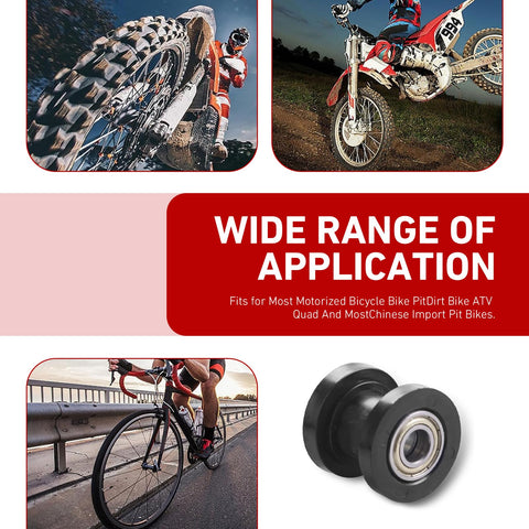 Image featuring Two Pack Chain Tensioner Guides For 0.3 And 0.4 Inch Chains With Rolling Wheel Pulley Wheel Guide For Dirt Bikes Motorcycles And Bicycles Durable Design For Rough Trails And Everyday Riding, showing applications on dirt bike, motorcycle, and bicycle.
