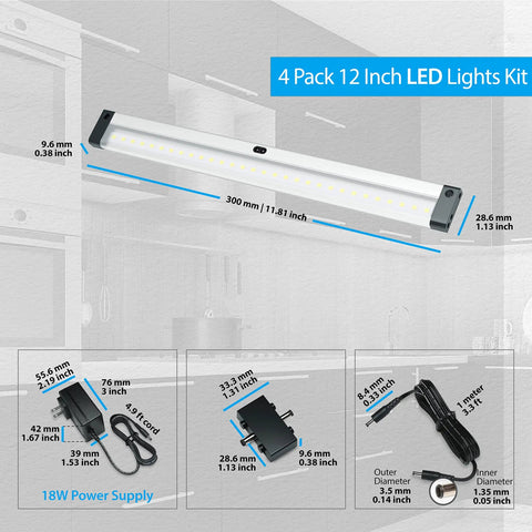 Hand Wave Activated Under Cabinet LED Lighting Kit 3 Pack 12 Inch Dimmable Touchless Dimming Control with measurements and cords.