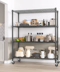 Beefy 4 Tier Wire Shelving Unit On Wheels 60 Inch Wide 24x60x72 Inches Holds Up To 2,400 Lbs Adjustable Metal Shelves For Garage Pantry And Kitchen Black Powder Coated Steel Heavy Duty Storage Rack filled with kitchen items