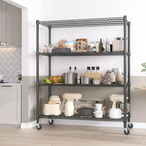 Beefy 4 Tier Wire Shelving Unit On Wheels 60 Inch Wide 24x60x72 Inches Holds Up To 2,400 Lbs Adjustable Metal Shelves For Garage Pantry And Kitchen Black Powder Coated Steel Heavy Duty Storage Rack filled with kitchen items