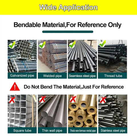 Wide application showcasing bendable materials like galvanized and welded pipes, with warnings on unsuitable materials for INTSUPERMAI Electric Hydraulic Pipe Bender.