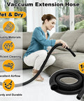 Woman using 1 1/4 Inch Dust Collection Hose, 10 Foot Extension for Home and Shop Vac Systems, showing wet and dry vacuum usage.