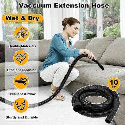 Woman using 1 1/4 Inch Dust Collection Hose, 10 Foot Extension for Home and Shop Vac Systems, showing wet and dry vacuum usage.